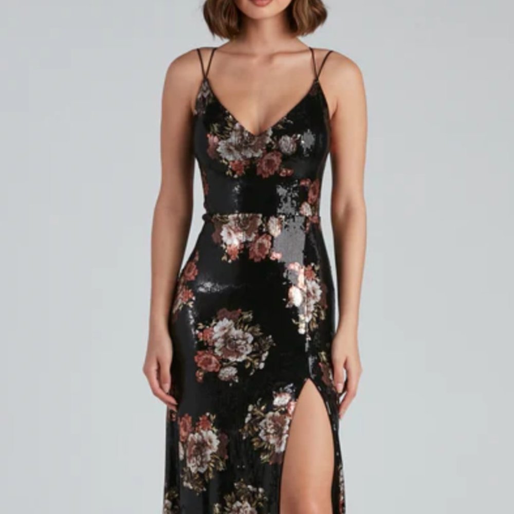 Windsor Karissa Sequin Floral High Slit Formal Dress